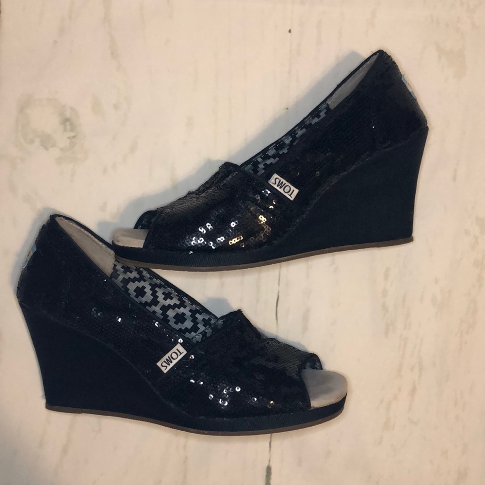 Toms sequin black wedges